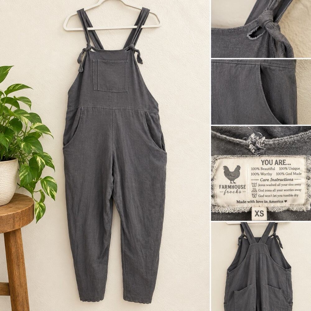 Farmhouse Frocks Rita Women’s XS Charcoal Gray Amish Made Knot Strap Overalls